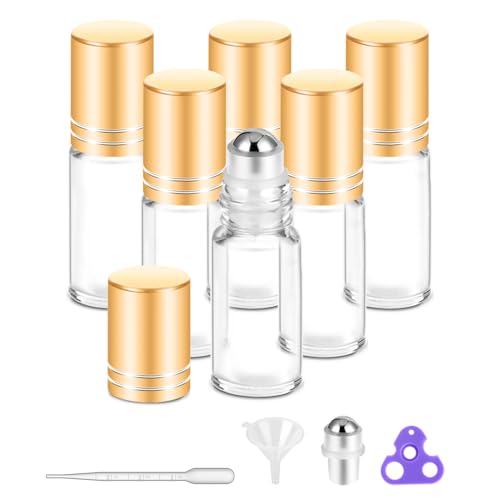 PrettyCare 6 Pack 5 ml Essential Oil Roller Bottles with Stainless Steel Roller Ball Refillable Leakproof Empty Thick Clear Glass Roll on Bottles with Metal Caps for Travel Perfume - Image 1