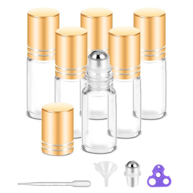 PrettyCare 6 Pack 5 ml Essential Oil Roller Bottles with Stainless Steel Roller Ball Refillable Leakproof Empty Thick Clear Glass Roll on Bottles with Metal Caps for Travel Perfume - Image 3