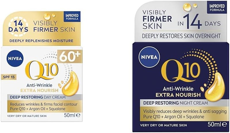 NIVEA Q10 Power 60 Skin AntiWrinkle Replenishing Day Cream 50 ml Powerful Anti Ageing Cream Day Face Cream with SPF15 Q10 Power 60 Skin AntiWrinkle Replenishing Night Cream 50 ml