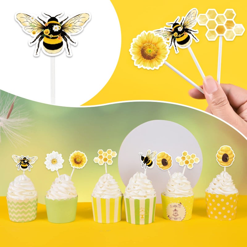 WERNNSAI Bee Party Cupcake Topper - 36 PCS Bumble Bee Party Decorations for Kids Girls Birthday Baby Shower Honey Bee Themed Party Supplies Cake Decor - Image 3