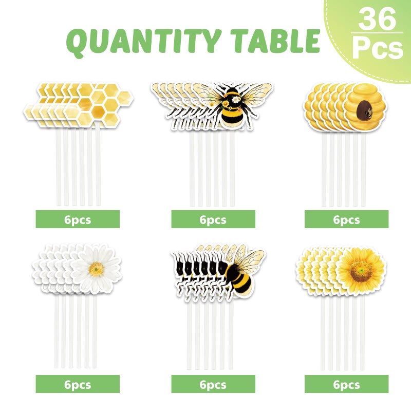 WERNNSAI Bee Party Cupcake Topper - 36 PCS Bumble Bee Party Decorations for Kids Girls Birthday Baby Shower Honey Bee Themed Party Supplies Cake Decor - Image 4