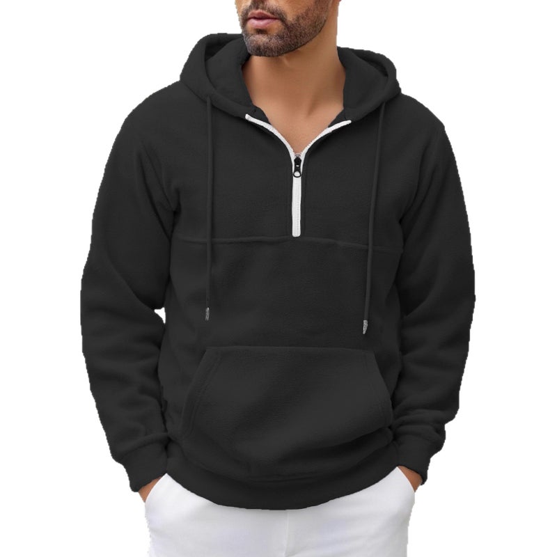 Men's Solid Color Fleece Hoodie with Half Zipper - Image 5