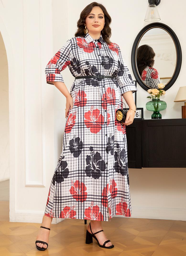 FridayIn Elegant style Lapel Flowers Plaid Belt Rolled cuffs Plus Size Dresses Plaid - Image 1