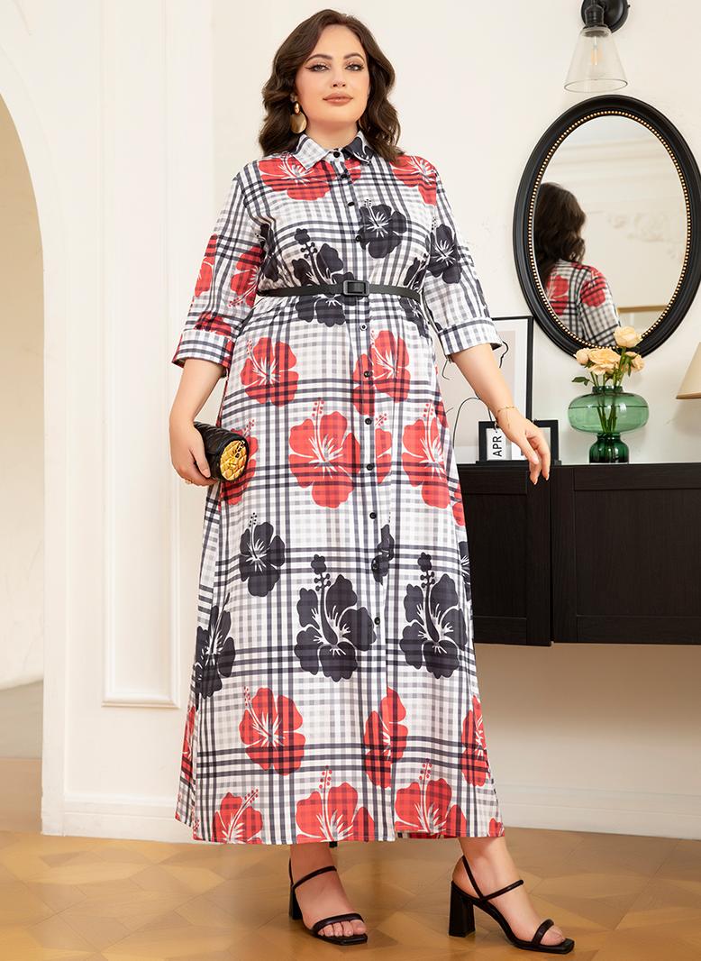 FridayIn Elegant style Lapel Flowers Plaid Belt Rolled cuffs Plus Size Dresses Plaid - Image 4