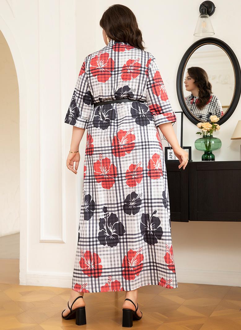 FridayIn Elegant style Lapel Flowers Plaid Belt Rolled cuffs Plus Size Dresses Plaid - Image 2