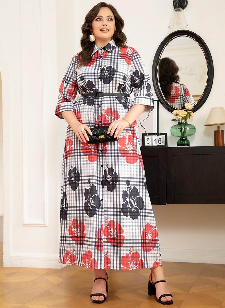 FridayIn Elegant style Lapel Flowers Plaid Belt Rolled cuffs Plus Size Dresses Plaid - Image 5