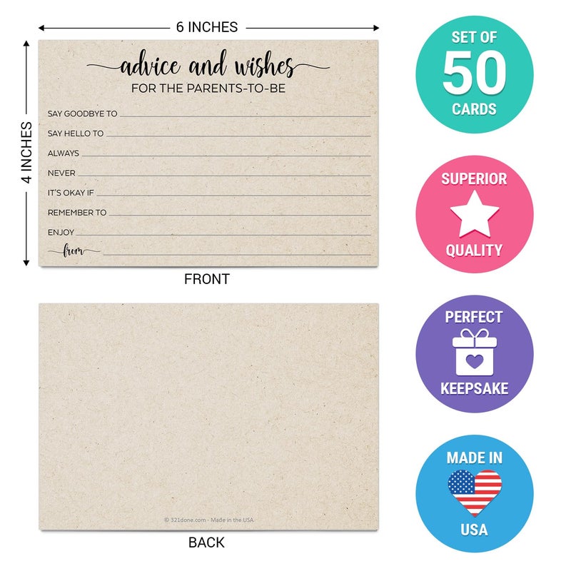 321Done Advice and Wishes for The Parents-to-Be Cards, Made in USA - 4x6 Tan, Fun Baby Shower Game Ideas, Gender Reveal Party Keepsake - Set of 50 - Image 2