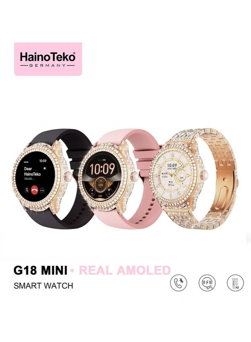 هينو تيكو ساعة Haino Teko G18 Mini الذكية بتصميم أنيق وشاشة AMOLED حقيقية مع مظهر ممتاز و3 أزواج من الأشرطة وكابل شحن مصممة للنساء - Image 1
