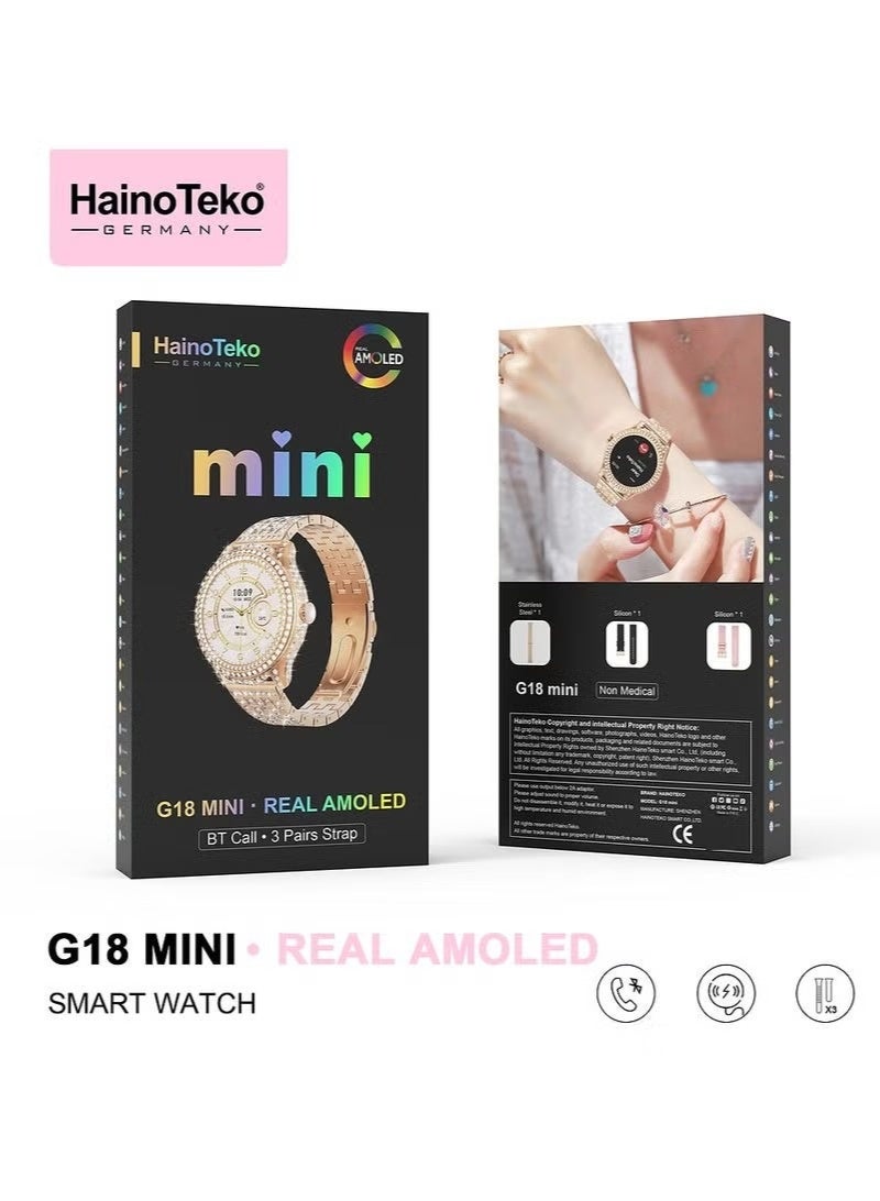 هينو تيكو ساعة Haino Teko G18 Mini الذكية بتصميم أنيق وشاشة AMOLED حقيقية مع مظهر ممتاز و3 أزواج من الأشرطة وكابل شحن مصممة للنساء - Image 3