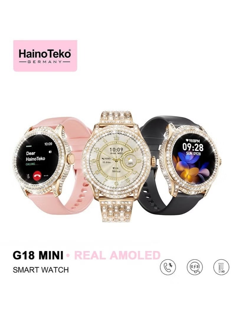 هينو تيكو ساعة Haino Teko G18 Mini الذكية بتصميم أنيق وشاشة AMOLED حقيقية مع مظهر ممتاز و3 أزواج من الأشرطة وكابل شحن مصممة للنساء - Image 2