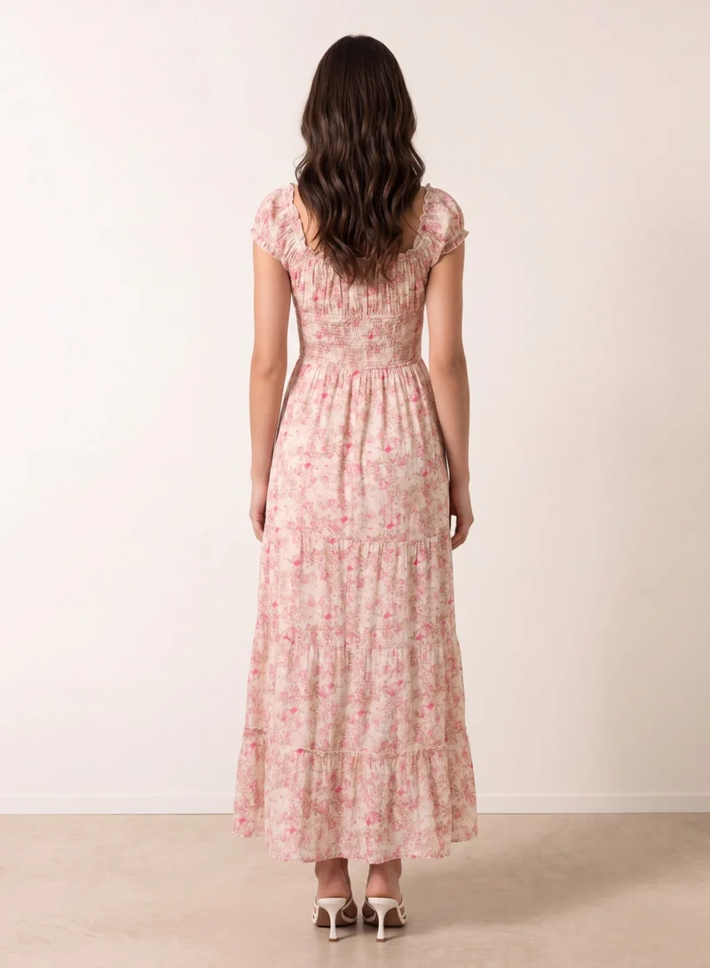 Blue Vanilla Double Front Tie Shirred Ditsy Floral Maxi Dress