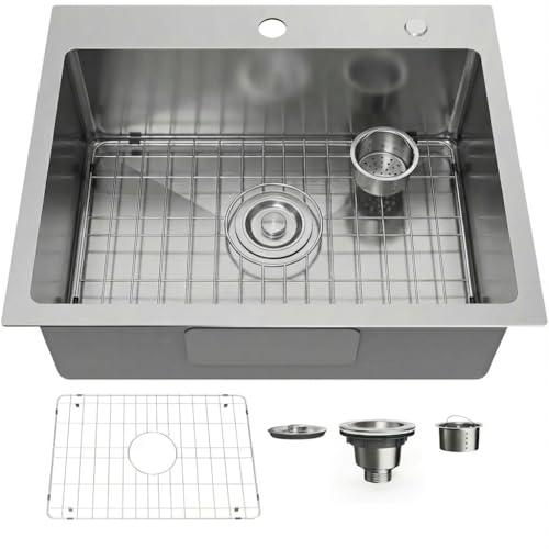 Bathenum 22 x 18 Drop in Kitchen Sink 304 Stainless Steel Single Bowl Topmount Kitchen Sink with Drain Kit and Bottom Grid Brushed