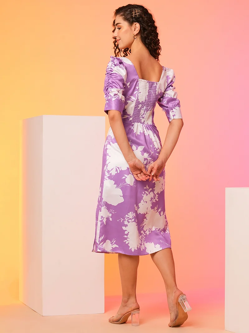 globus Women Floral Printed Smocked A Line Midi Dress