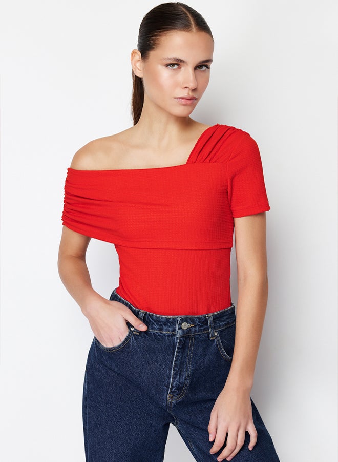 trendyol Red Asymmetrical Collar Fitted Knitted Bodysuit - Image 1