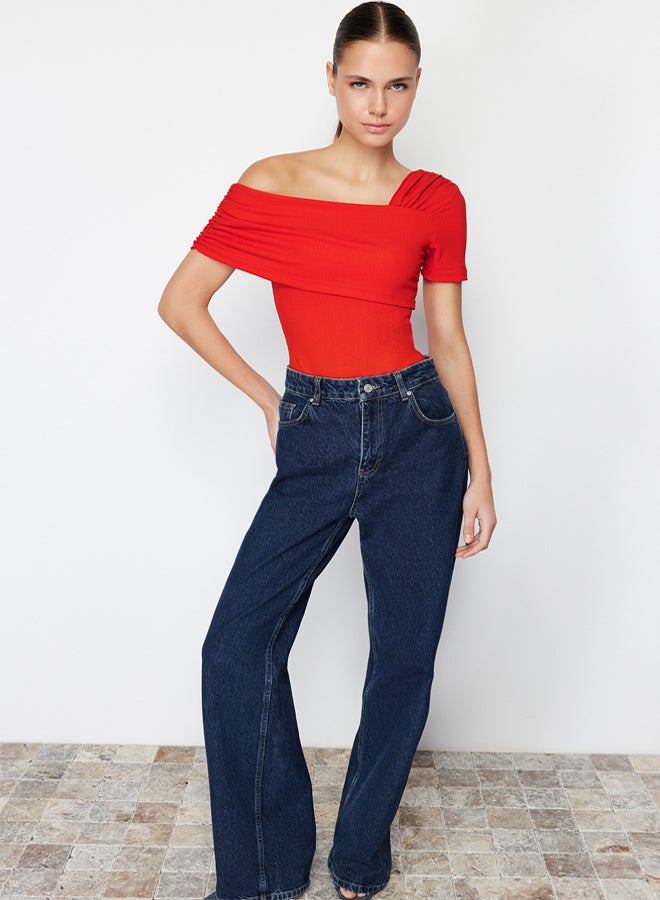 trendyol Red Asymmetrical Collar Fitted Knitted Bodysuit - Image 2