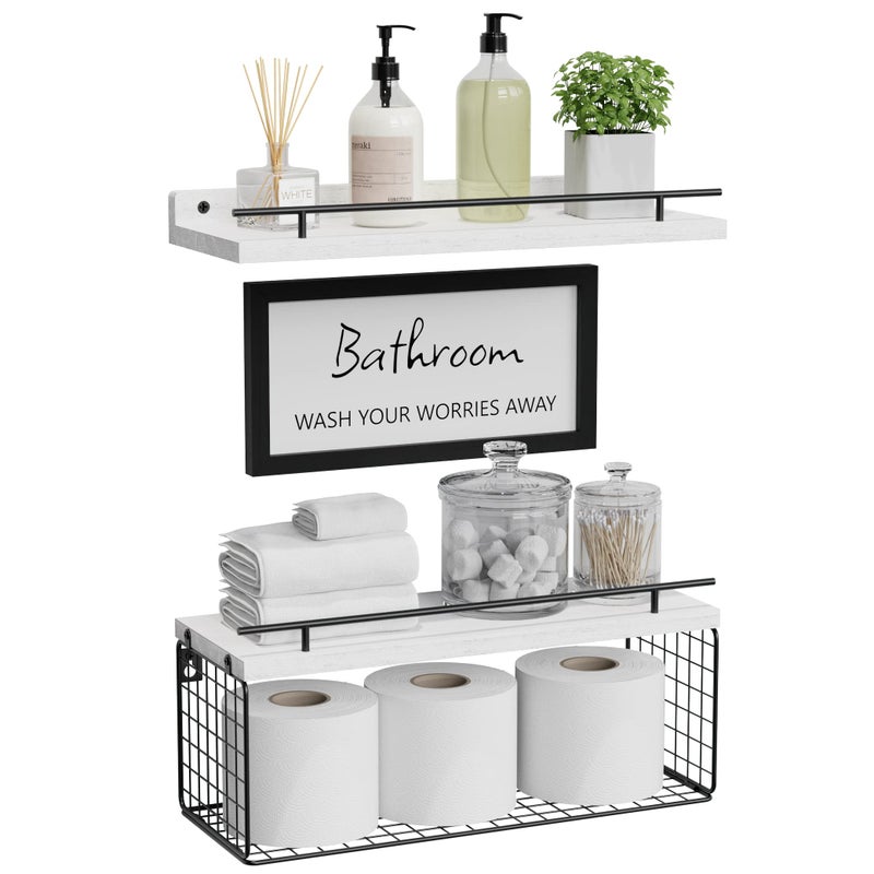 WOPITUES Floating Shelves for Wall Decor Sign, Bathroom Organizer and Storage, Bathroom Shelves Over Toilet with Metal Guardrail-Modern White - Image 1