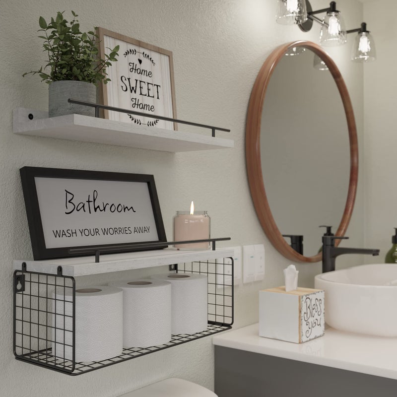 WOPITUES Floating Shelves for Wall Decor Sign, Bathroom Organizer and Storage, Bathroom Shelves Over Toilet with Metal Guardrail-Modern White - Image 5