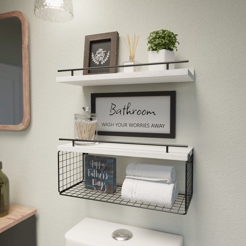 WOPITUES Floating Shelves for Wall Decor Sign, Bathroom Organizer and Storage, Bathroom Shelves Over Toilet with Metal Guardrail-Modern White - Image 2