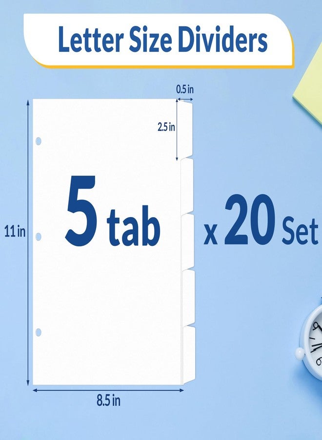 SUNEE Binder Dividers with Tabs for 3 Ring Binder, 8.5 x 11 Paper White Binder Dividers Blank with 5 Tabs, 20 Sets Page Dividers for School, Office and Home, 100 Dividers - Image 2