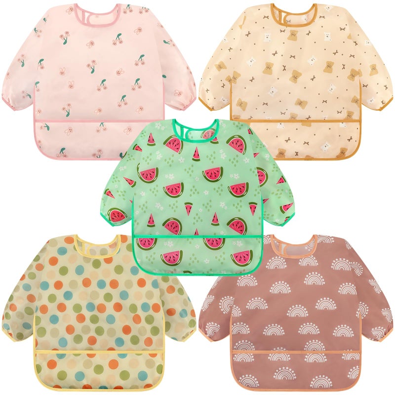 Accmor 5 Pack Long Sleeve Bibs, Baby Smock Waterproof Sleeved Bib Smock for Baby Toddler 6-24 Months - Image 1
