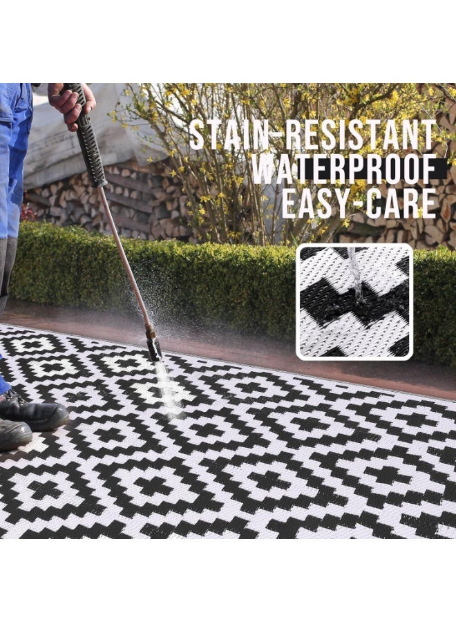 Soofam Waterproof Outdoor Rug 7x5 ft, Reversible Plastic Straw Patio Rug, Indoor Outdoor Carpet for Porch, Deck, Backyard, Camper, Balcony, Picnic, Black & White. - Image 3
