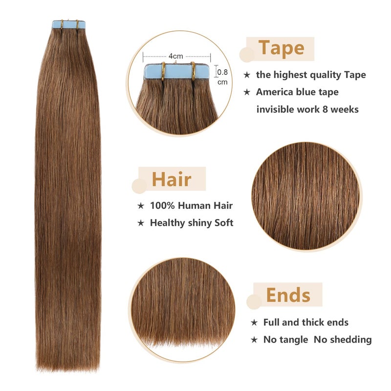 YILITE Tape in Human Hair Extensions 18 inches 20pcs 50g Silky Straight Human Hair Tape in Hair Extensions #6 Chestnut Brown Real Human Hair Extensions Tape in - Image 3