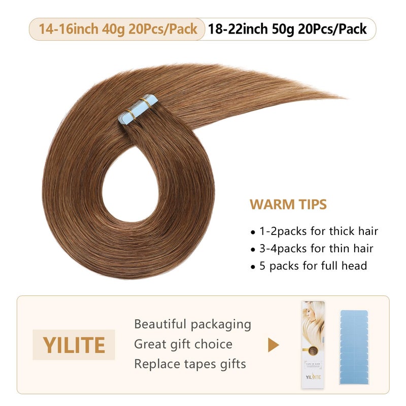 YILITE Tape in Human Hair Extensions 18 inches 20pcs 50g Silky Straight Human Hair Tape in Hair Extensions #6 Chestnut Brown Real Human Hair Extensions Tape in - Image 4