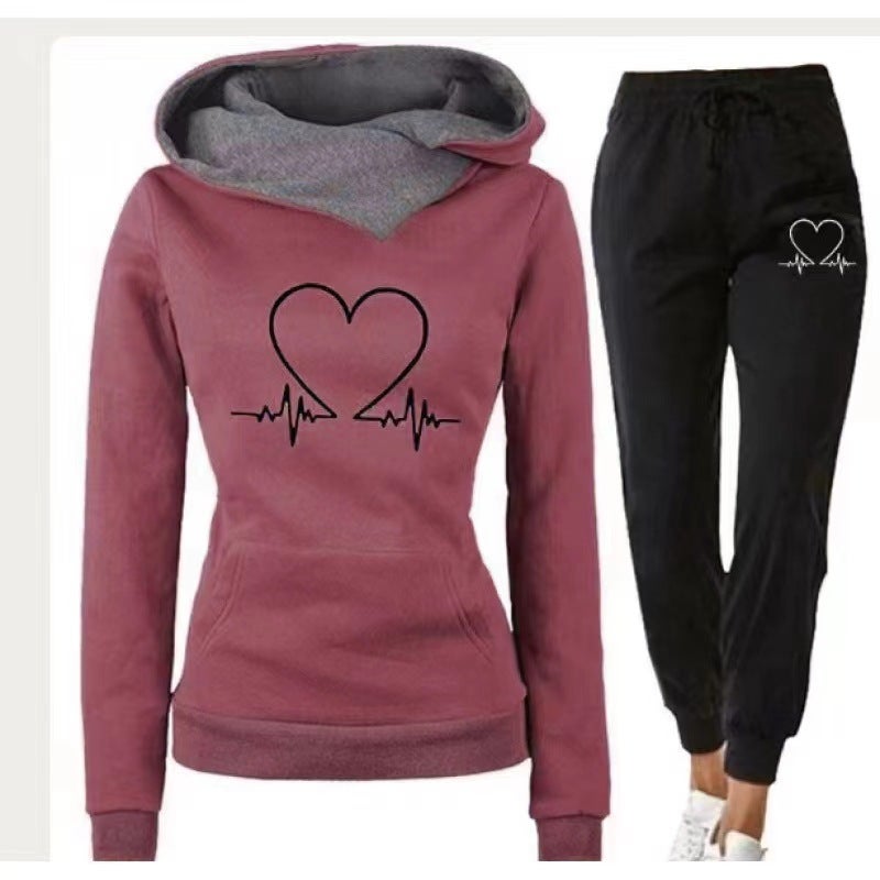 Womens Casual Printed Hoodie Sweatshirt Set Burgundy  - Image 1