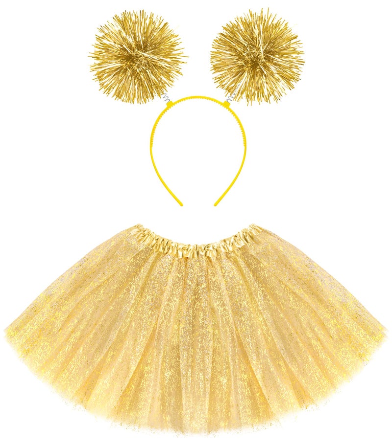 VEKDA Tutus for Women Adult with Pom Pom Headband, 3 Layers Classic Elastic Tulle Tutu Skirts Foil Printed Tutu for Party Running Gold - Image 1