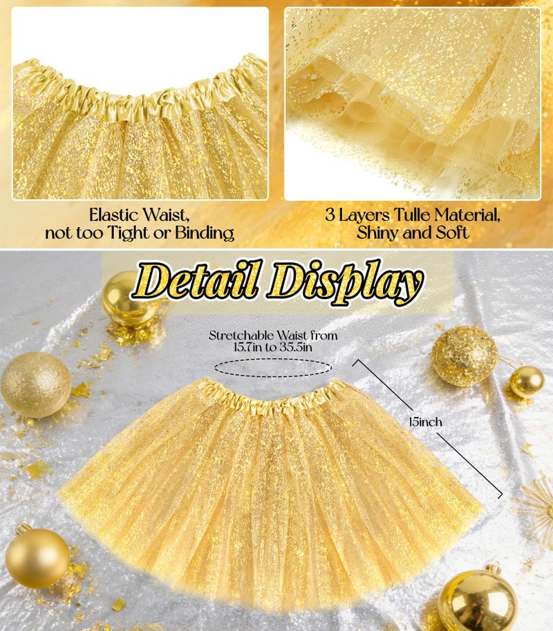 VEKDA Tutus for Women Adult with Pom Pom Headband, 3 Layers Classic Elastic Tulle Tutu Skirts Foil Printed Tutu for Party Running Gold - Image 5