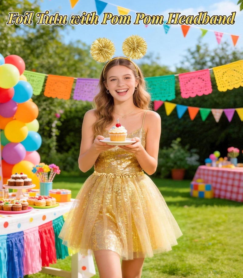 VEKDA Tutus for Women Adult with Pom Pom Headband, 3 Layers Classic Elastic Tulle Tutu Skirts Foil Printed Tutu for Party Running Gold - Image 2