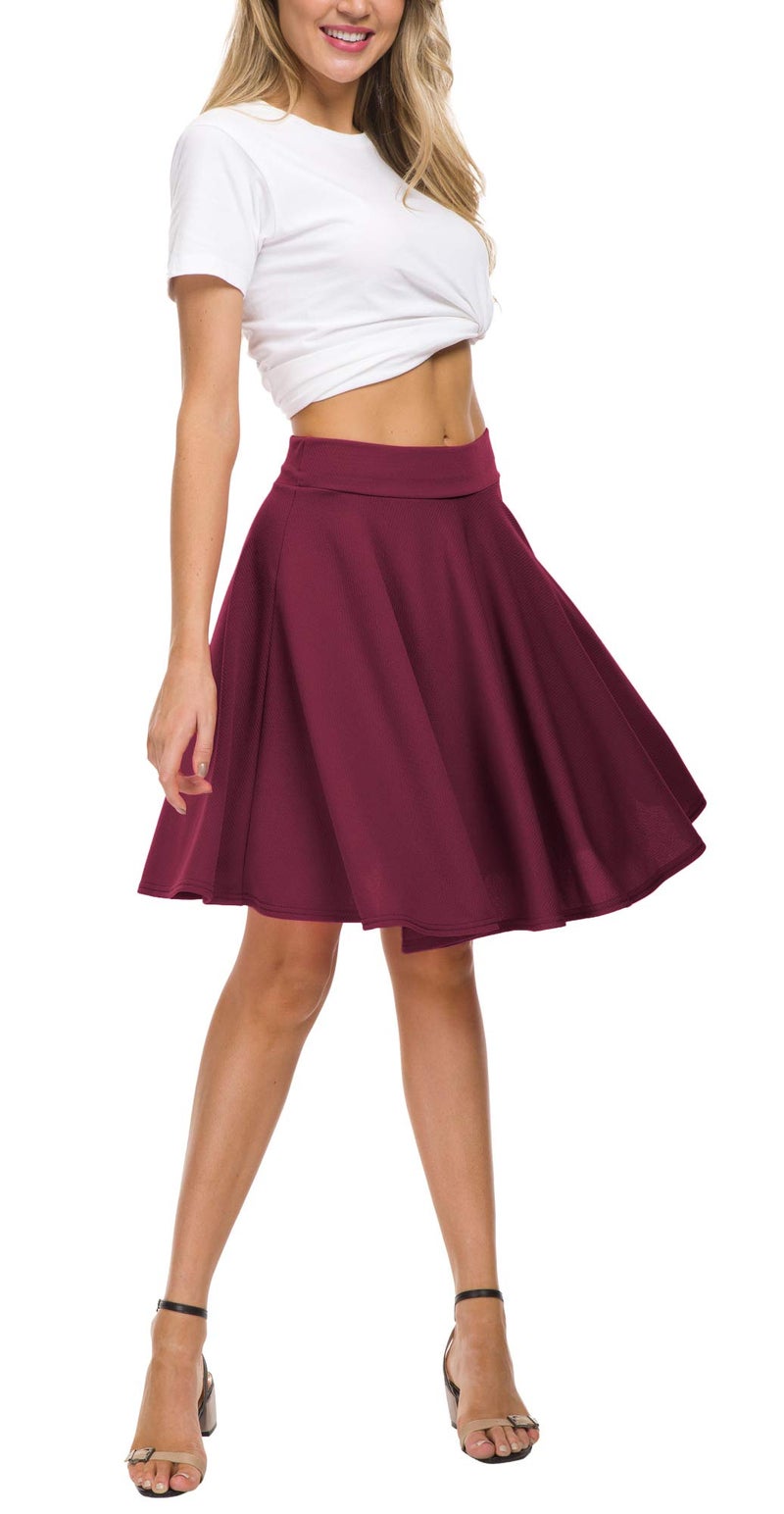 EXCHIC Women's Casual Stretchy Flared Midi Skater Skirts Basic A-Line Pleated Midi Skirt (S, Wine Red) - Image 3