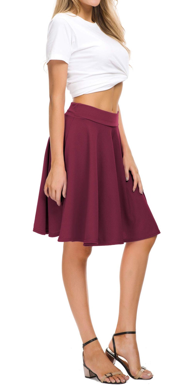 EXCHIC Women's Casual Stretchy Flared Midi Skater Skirts Basic A-Line Pleated Midi Skirt (S, Wine Red) - Image 2