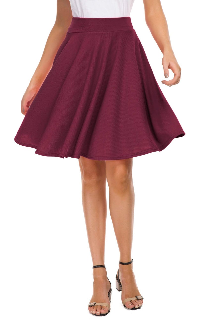 EXCHIC Women's Casual Stretchy Flared Midi Skater Skirts Basic A-Line Pleated Midi Skirt (S, Wine Red) - Image 1