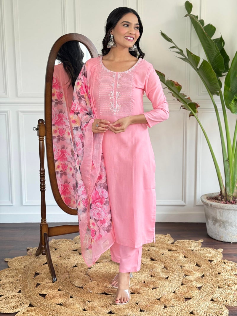 Naixa Women's Pink Rayon Slub Embroidered Straight Kurta with Rayon Slub Pant and Silk Printed Dupatta Sets (NX-595-Baby-Pink-S) - Image 2