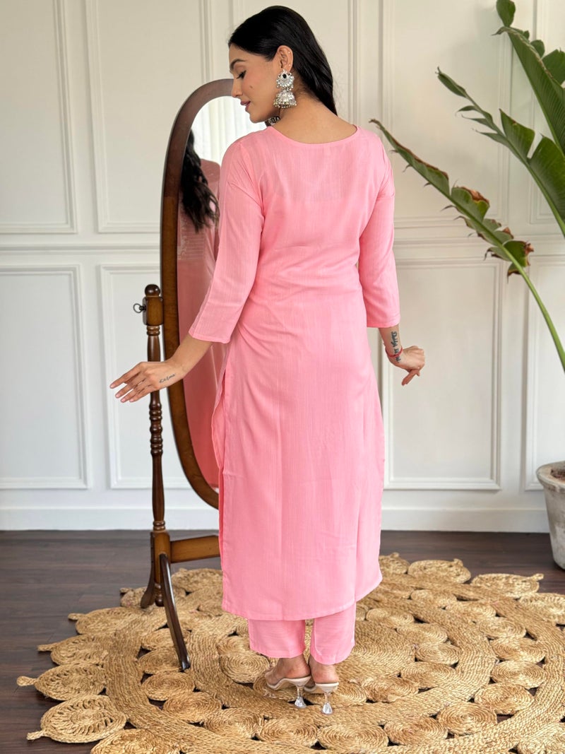 Naixa Women's Pink Rayon Slub Embroidered Straight Kurta with Rayon Slub Pant and Silk Printed Dupatta Sets (NX-595-Baby-Pink-S) - Image 4