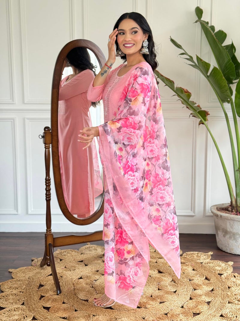 Naixa Women's Pink Rayon Slub Embroidered Straight Kurta with Rayon Slub Pant and Silk Printed Dupatta Sets (NX-595-Baby-Pink-S) - Image 3