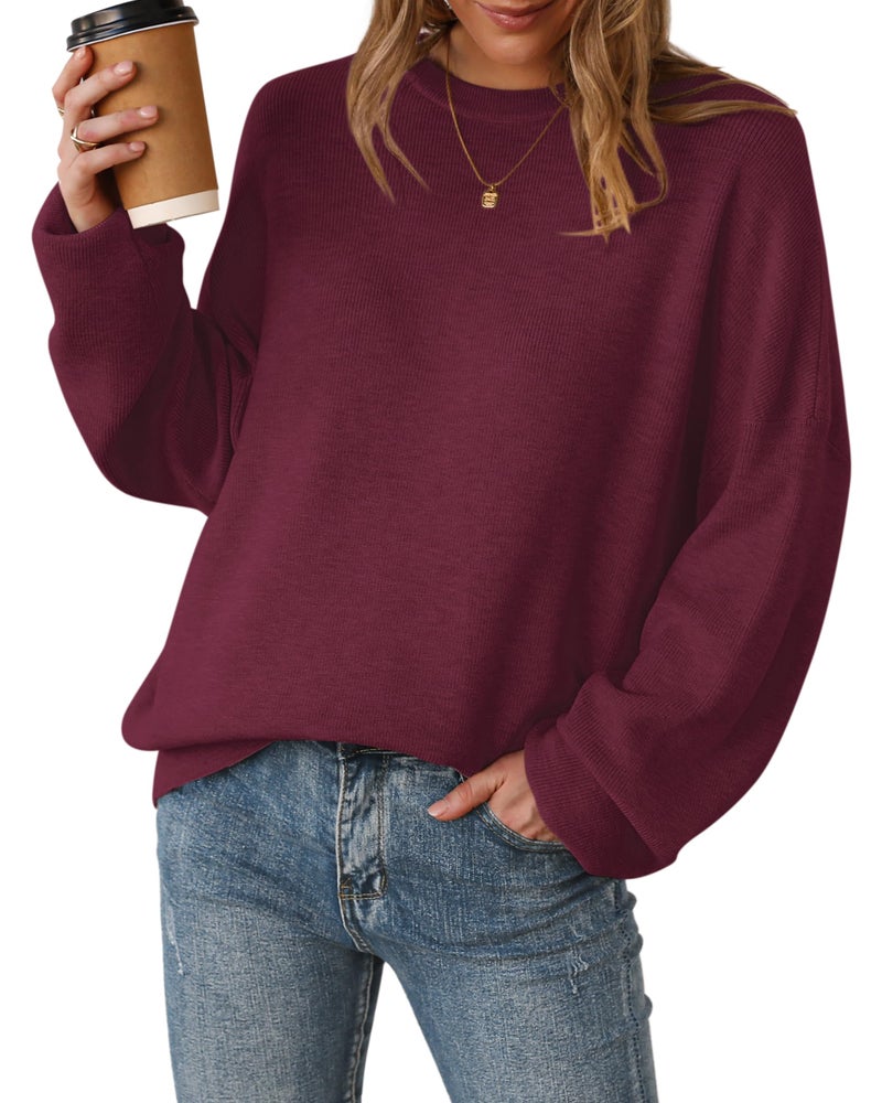Arach&Cloz Womens Oversized Sweaters Batwing 2026 Early Spring Fashion Outfits Trendy Crewneck Cozy Long Sleeve Casual Teacher Spring Cashmere Capsule Wardrobe Tops Winter Loose Fit Burgundy L - Image 1
