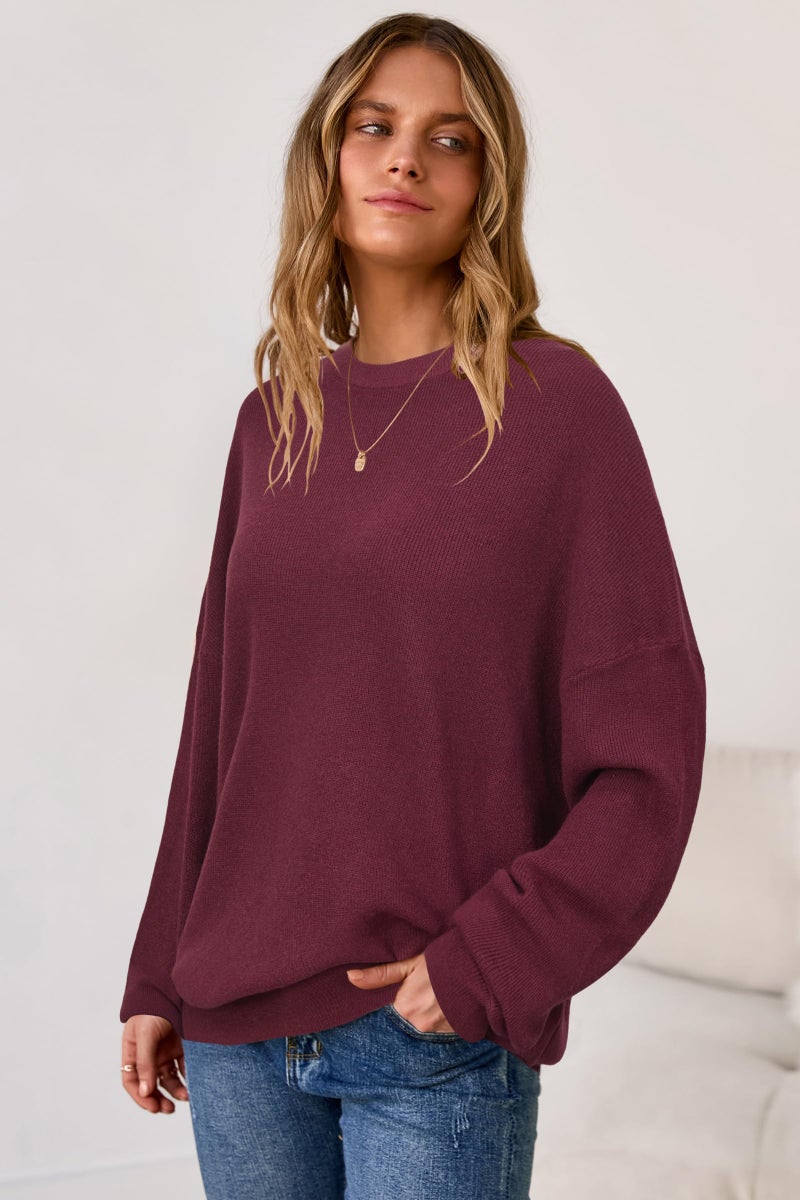 Arach&Cloz Womens Oversized Sweaters Batwing 2026 Early Spring Fashion Outfits Trendy Crewneck Cozy Long Sleeve Casual Teacher Spring Cashmere Capsule Wardrobe Tops Winter Loose Fit Burgundy L - Image 2