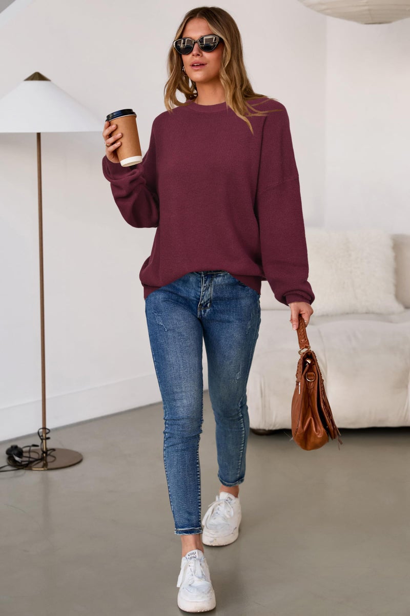 Arach&Cloz Womens Oversized Sweaters Batwing 2026 Early Spring Fashion Outfits Trendy Crewneck Cozy Long Sleeve Casual Teacher Spring Cashmere Capsule Wardrobe Tops Winter Loose Fit Burgundy L - Image 5
