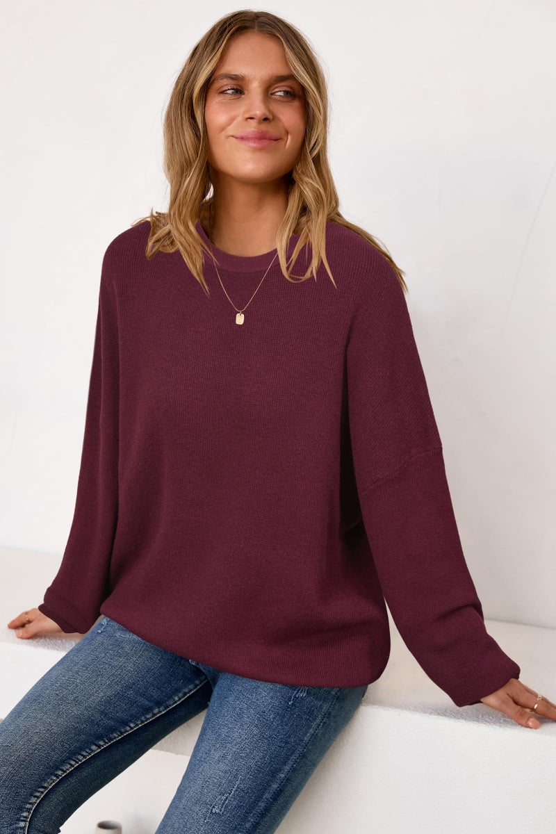 Arach&Cloz Womens Oversized Sweaters Batwing 2026 Early Spring Fashion Outfits Trendy Crewneck Cozy Long Sleeve Casual Teacher Spring Cashmere Capsule Wardrobe Tops Winter Loose Fit Burgundy L - Image 4