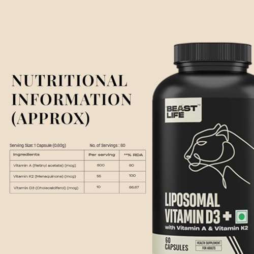 BeastLife Liposomal Vitamin D3 Plus with Vitamin A & Vitamin K2 | for Immune Support, Bone Health & Absorption | Skin Support | Calcium Utilization & Arterial Health |Max Bioavailability | 60 Capsules - Image 2