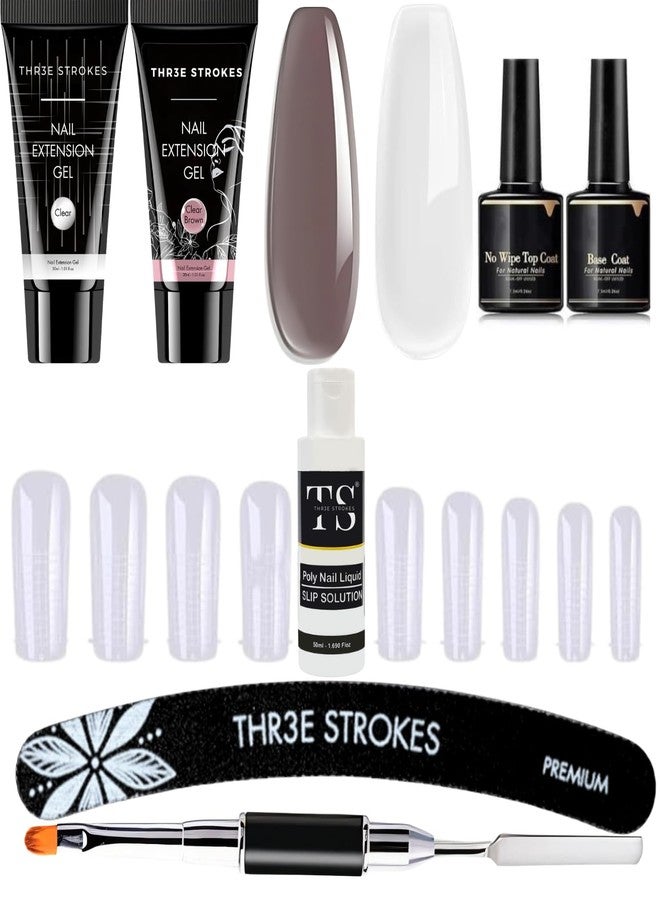 THR3E STROKES Poly Nail Gel Extension Kit 30ml 2PCS Clear Brown, Clear Colors with Slip Solution, Dual Forms, Brush, File, Instructions (CBC1564) - Image 1