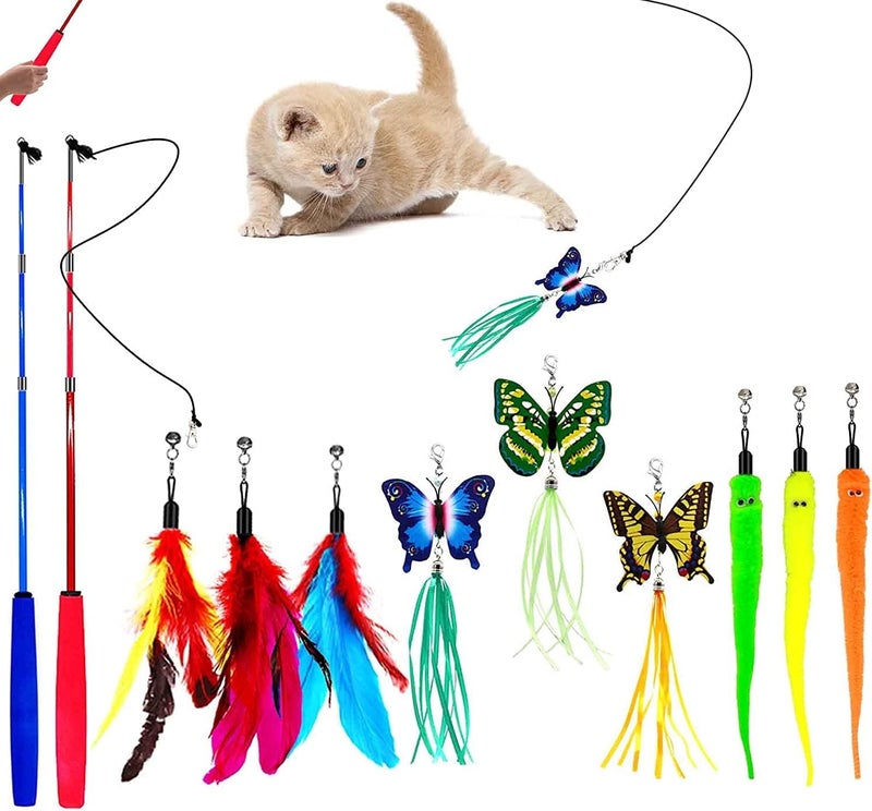 MQ Interactive Cat Wand Toy With 2 Poles & 9 Attachments - Worm Feathers Toy for Kitten and Indoor Cats - Image 1