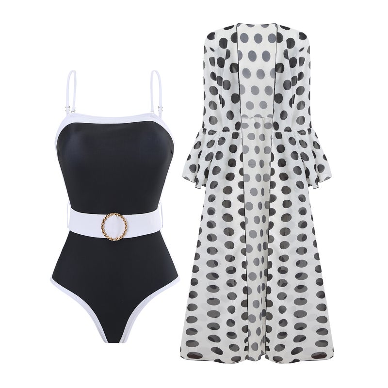Bikini One-Piece Swimsuit Chiffon Long Skirt Long Sleeve Fashion Swimsuit Beach Gathered Conservative Belly Cover - Image 2