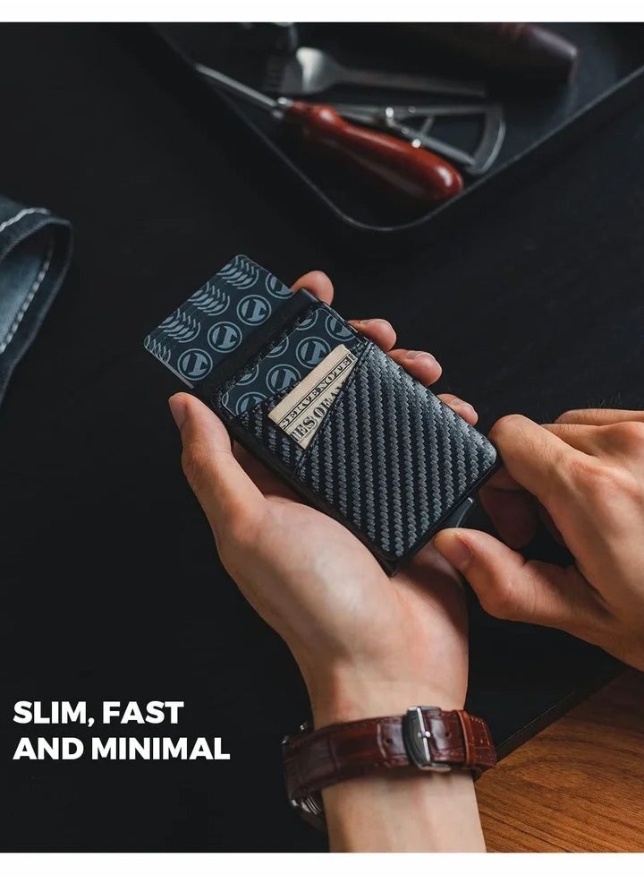 Generic - Card Holder Wallet with Coin Pocket Magnetic Closure Pop Up Cards Credit up Extra Leather Slots RFID Blocking Slim Metal Case for Men Carbon Black - Image 1