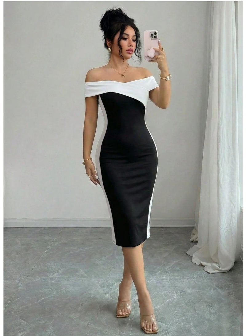 Shein Women's Fashionable Elegant Contrast Color Fitted Midi Dress, Short Sleeve Pencil Dress Design, Suitable For Party Wear Summer - Image 4