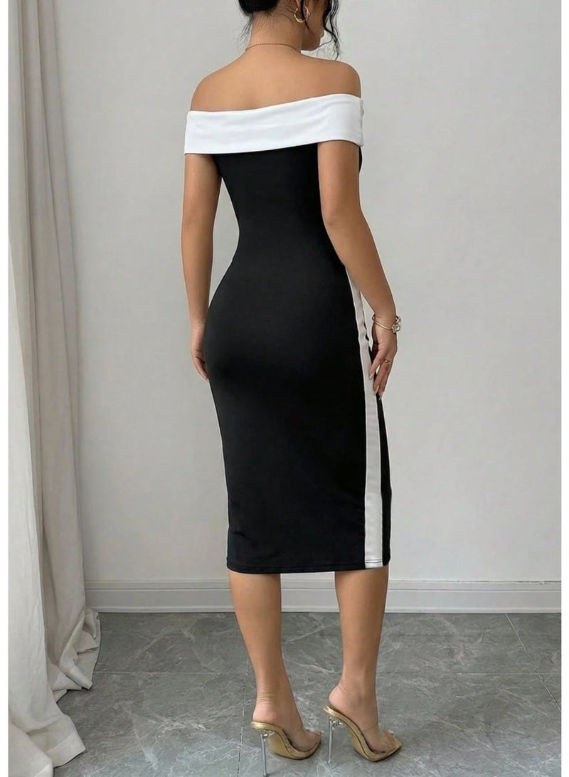Shein Women's Fashionable Elegant Contrast Color Fitted Midi Dress, Short Sleeve Pencil Dress Design, Suitable For Party Wear Summer - Image 3