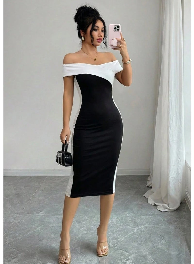 Shein Women's Fashionable Elegant Contrast Color Fitted Midi Dress, Short Sleeve Pencil Dress Design, Suitable For Party Wear Summer - Image 1