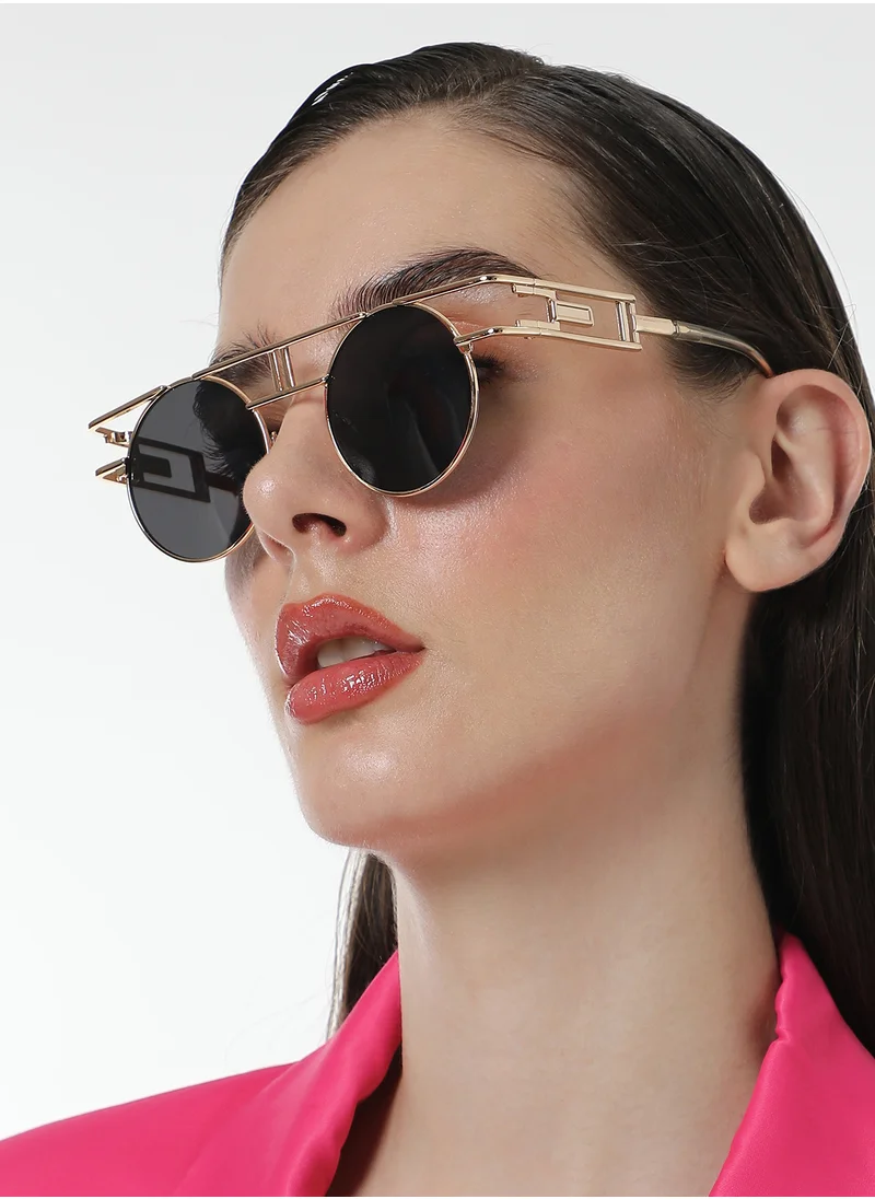 صوص هاوت Haute Sauce Women's The Indie Round Sunglasses For Casual Wear | One-Size | Champayne Gold Alloy Frame | Midnight Black Polarized Lens | Full Rim | Eyewear For Woman & Girls